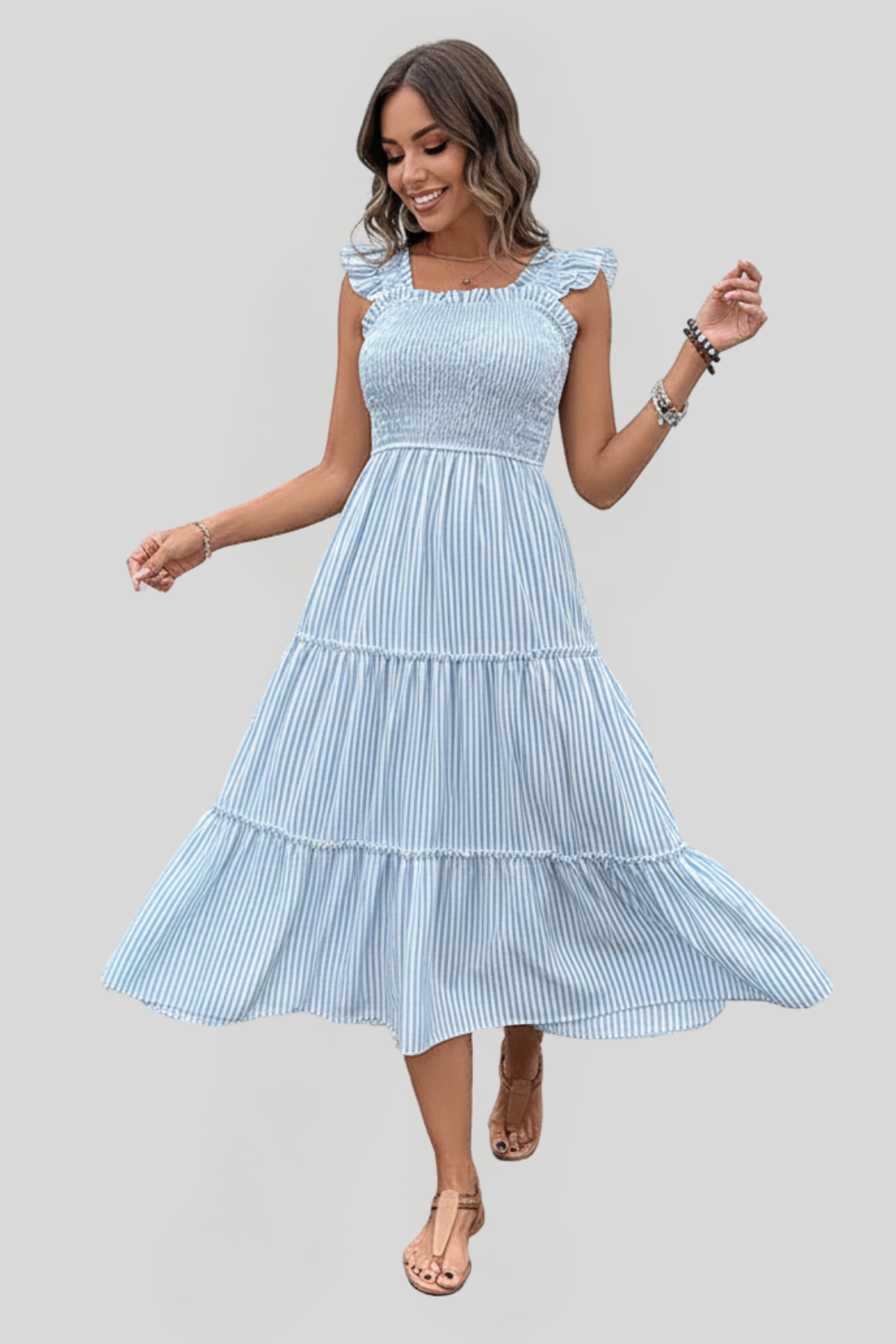 Women's Striped Ruffle Sleeve Midi Dress