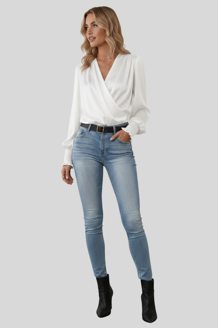 Women's Satin V-Neck Wrap Blouse