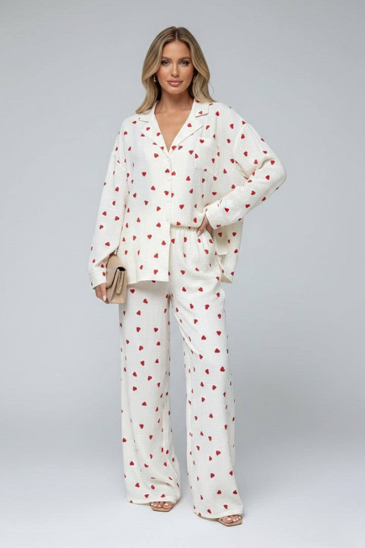 Women’s White Pyjama Set with Red Heart Print