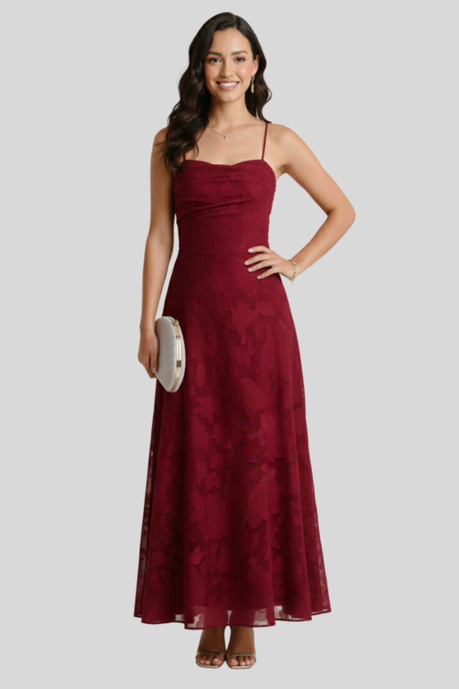 Wine Red Jacquard Slip Maxi Dress