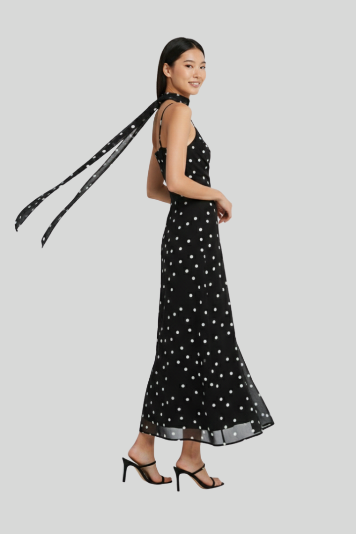 Black Polka Dot Chiffon A-Line Maxi Dress