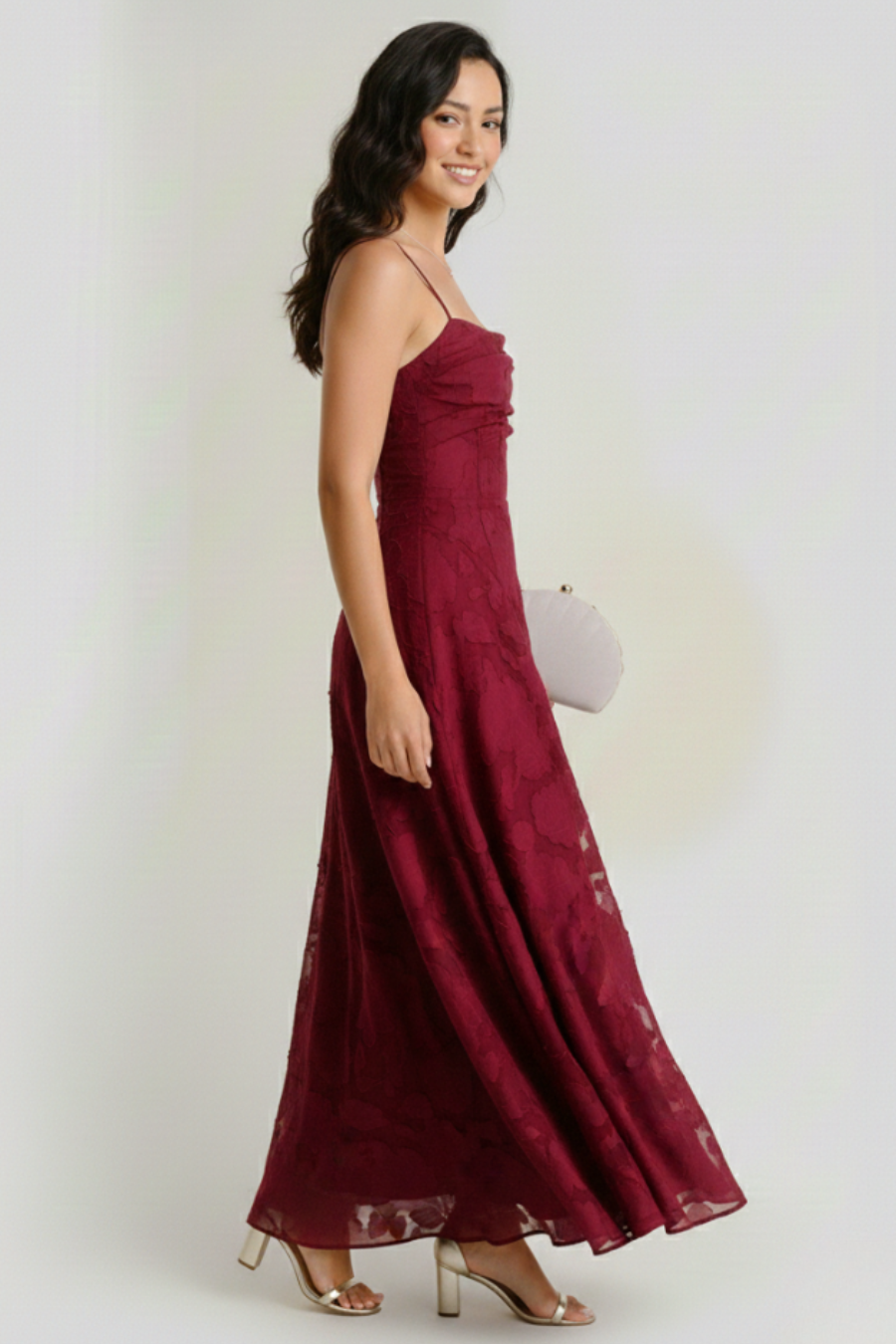 Wine Red Jacquard Slip Maxi Dress