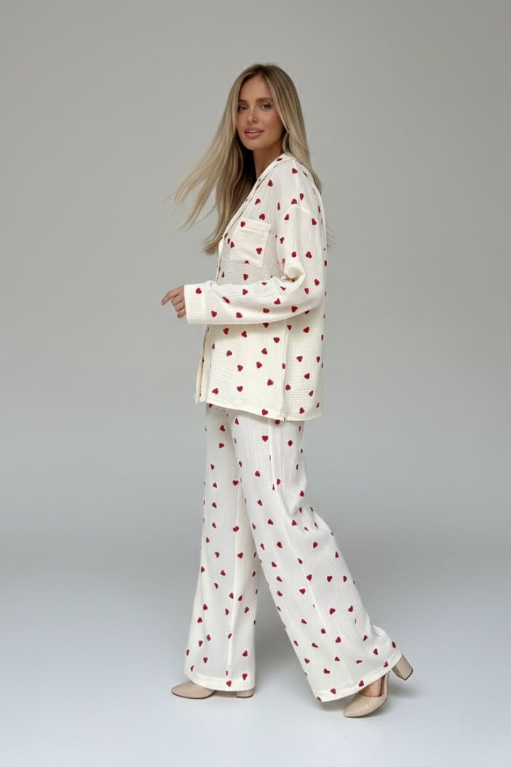 Women’s White Pyjama Set with Red Heart Print