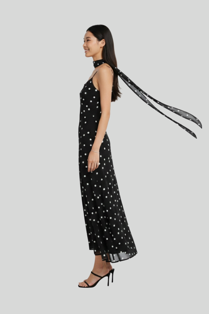 Black Polka Dot Chiffon A-Line Maxi Dress