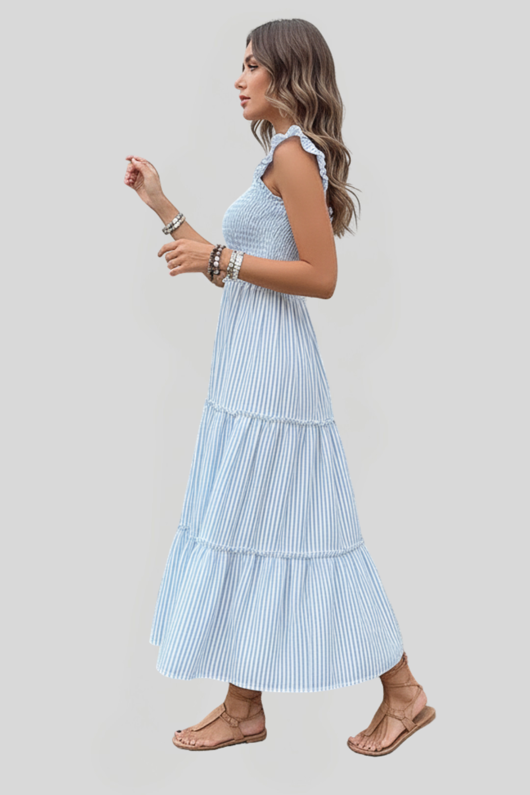 Women's Striped Ruffle Sleeve Midi Dress