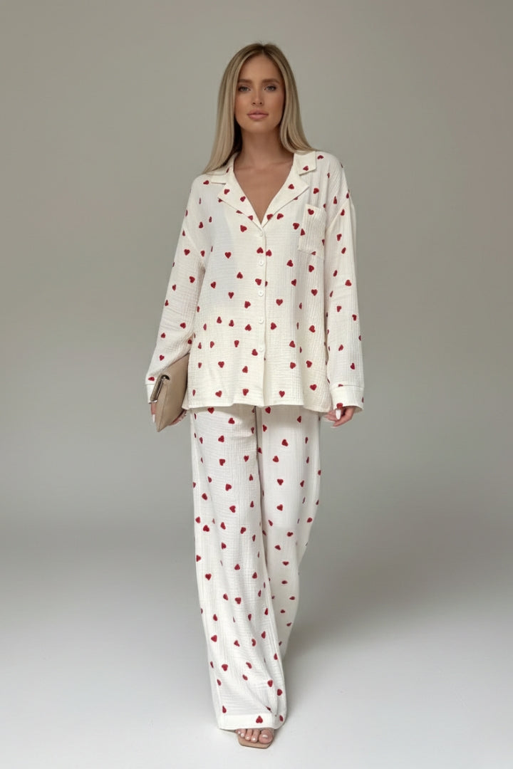 Women’s White Pyjama Set with Red Heart Print