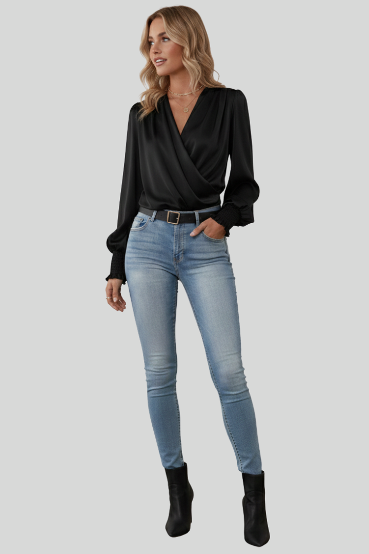 Women's Satin V-Neck Wrap Blouse