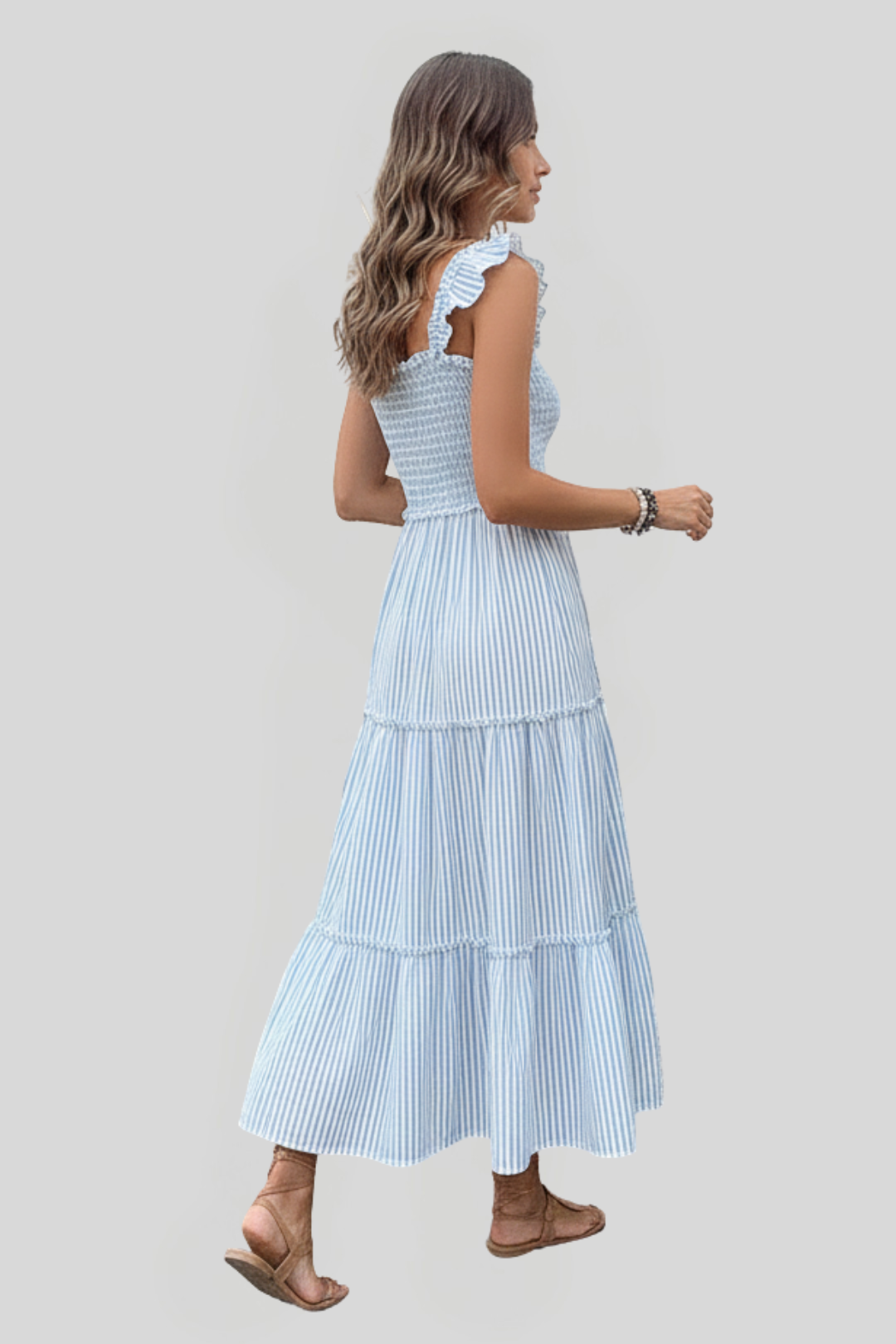 Women's Striped Ruffle Sleeve Midi Dress