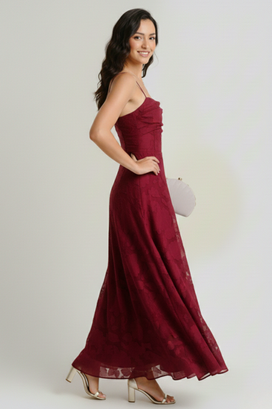Wine Red Jacquard Slip Maxi Dress