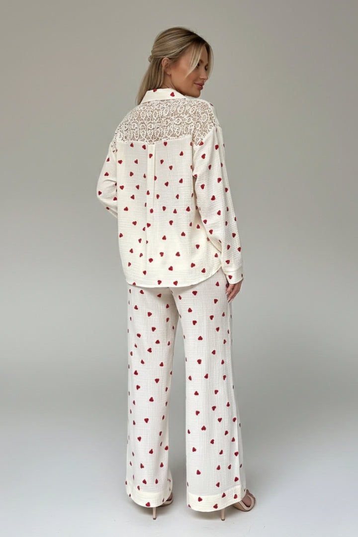 Women’s White Pyjama Set with Red Heart Print