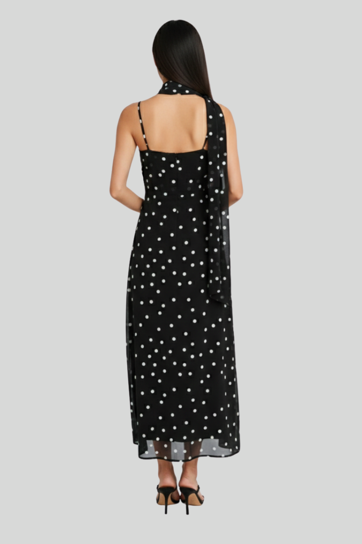 black a line maxi dress Black Polka Dot Chiffon A-Line Maxi Dress – Ormante