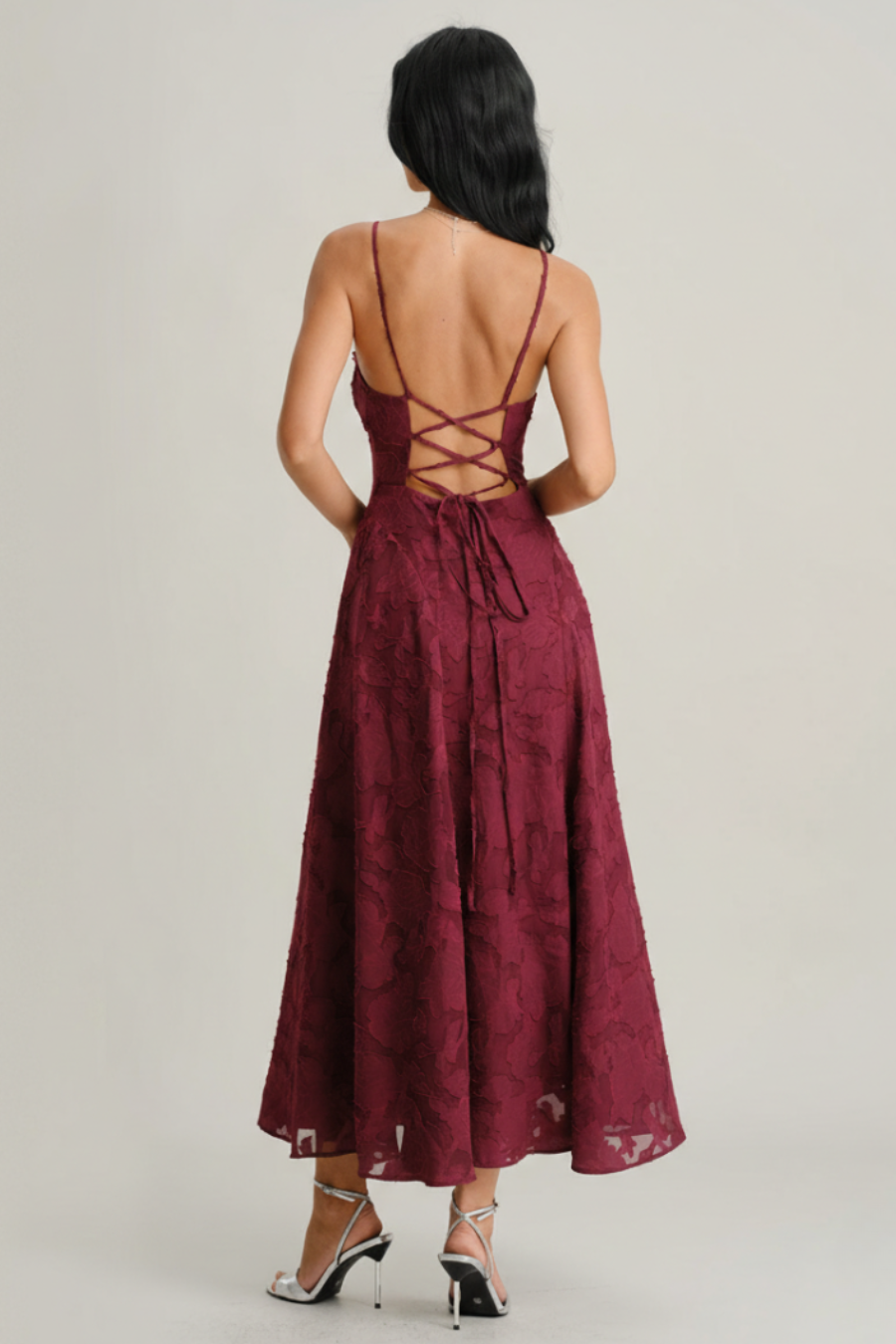 Wine Red Jacquard Slip Maxi Dress