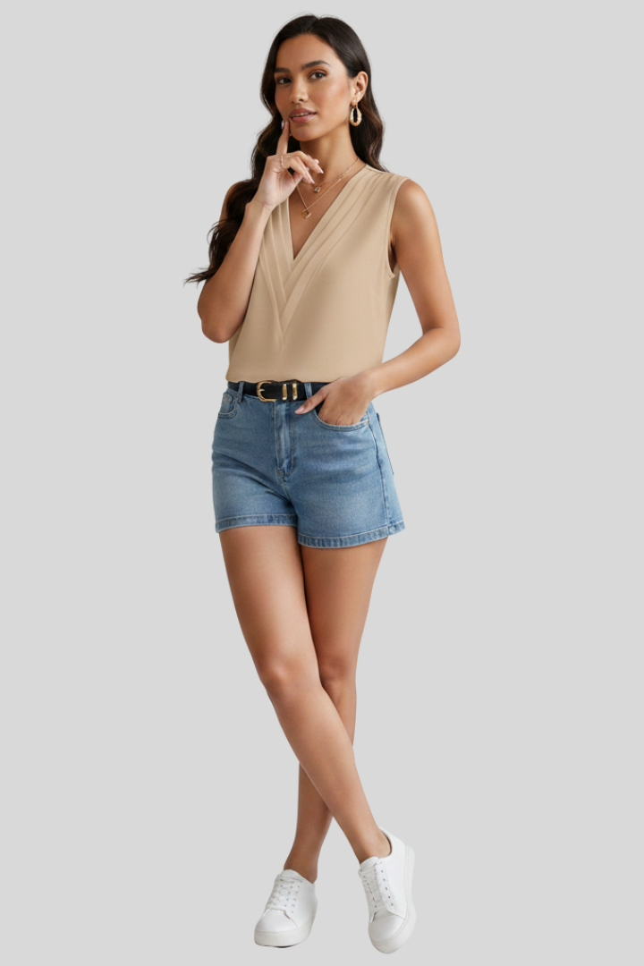 Women’s Sleeveless V-Neck Pleated Casual Top