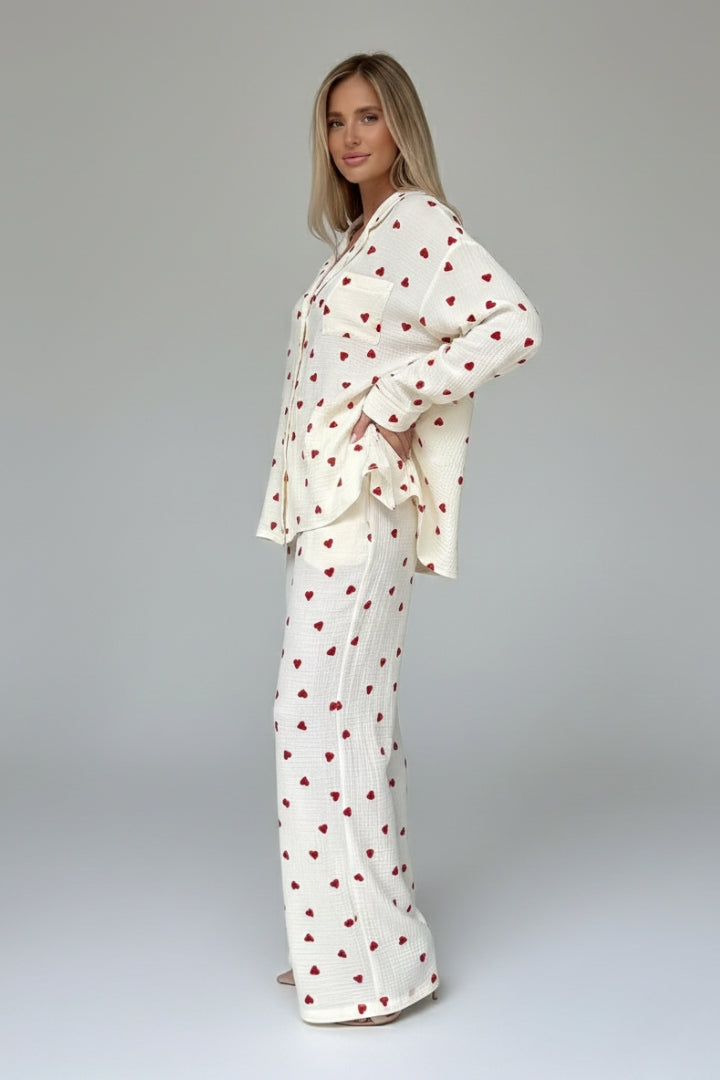 Women’s White Pyjama Set with Red Heart Print