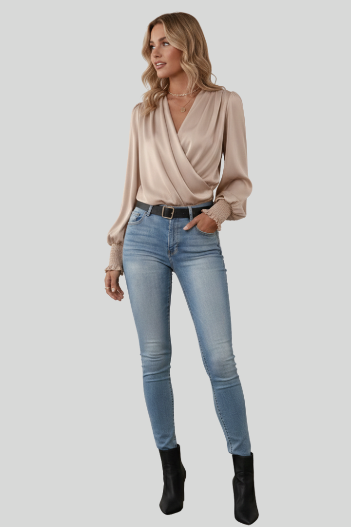 Women's Satin V-Neck Wrap Blouse