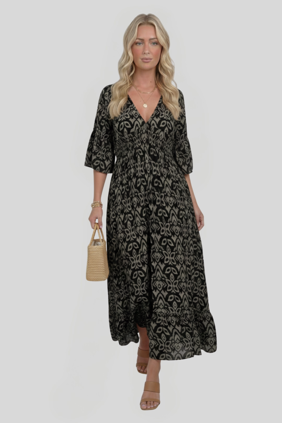 Women's Elegant Printed V-Neck Dress