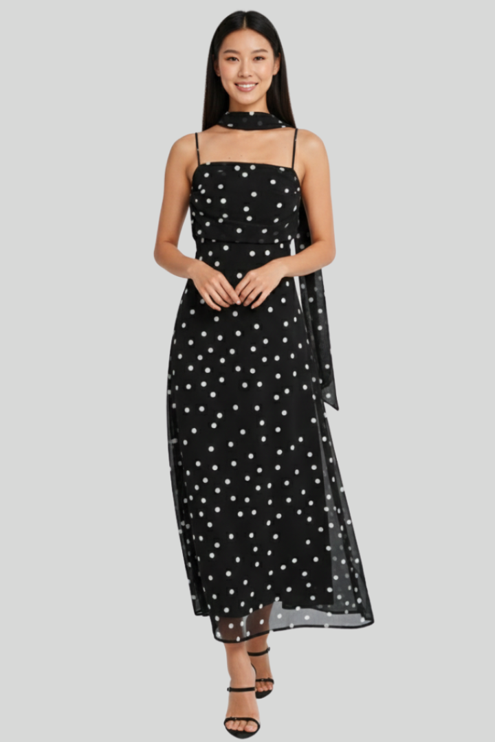 Black Polka Dot Chiffon A-Line Maxi Dress